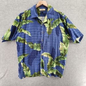 Tommy Bahama Hawaiian Shirt Adult XL 100% Silk Blue Floral Palm Leaves Casual